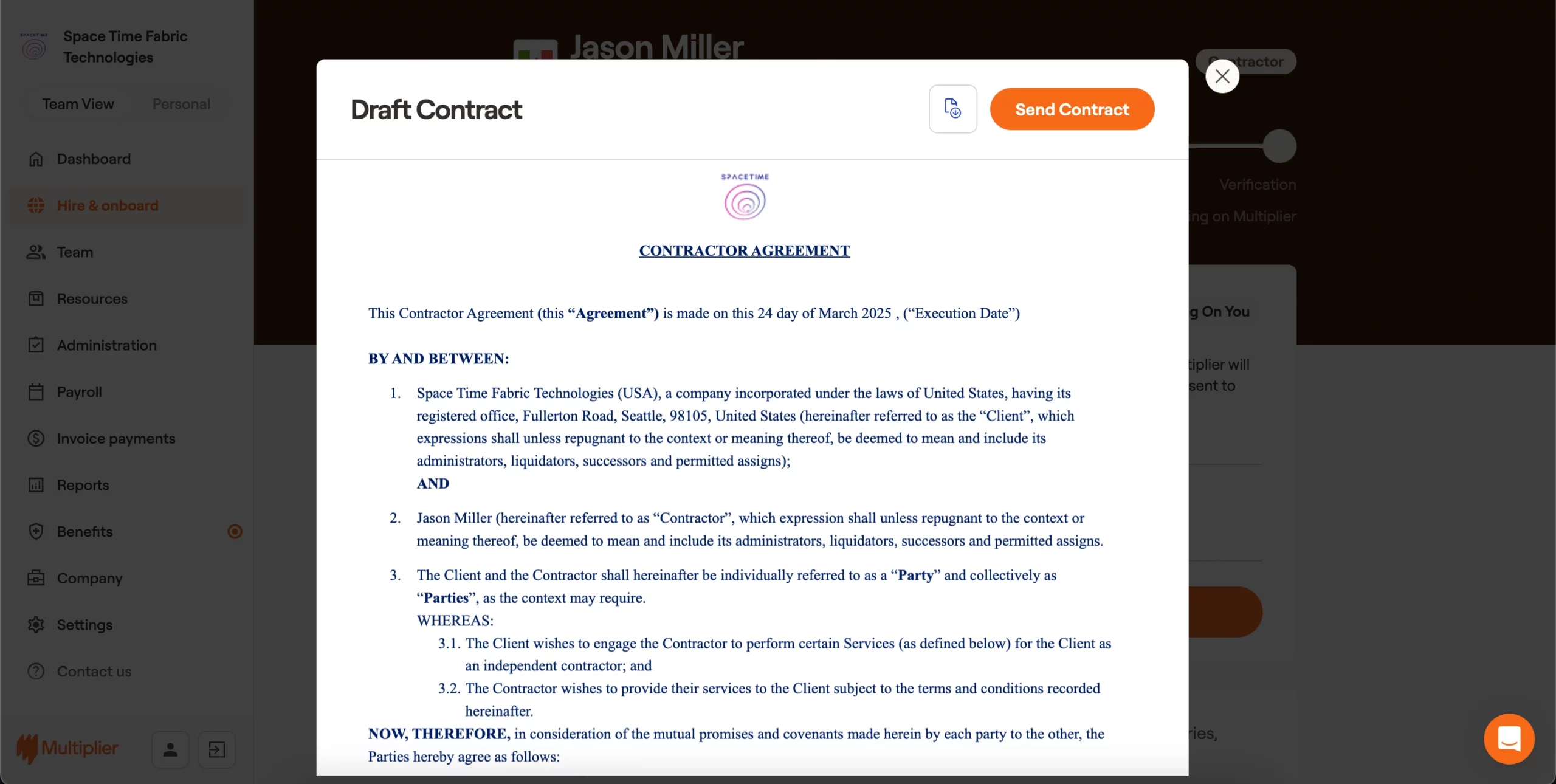 Contract sent to the contractor for onboarding in Mexico.